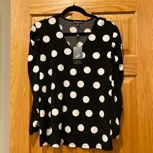 Adrianna Papell black with white polka dot women’s large blouse 3/4 sleeve NWT